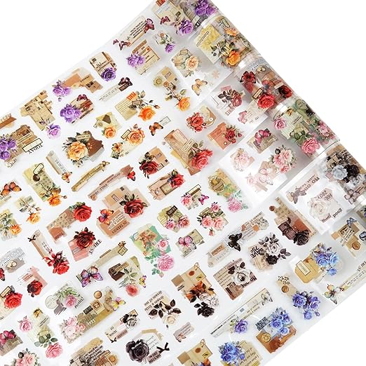 6Pcs Floral PET Tapes, Vintage Pre-Cut Tapes for Journaling, Scrapbooking, and Junk Journal Supplies, with Decorative Clip