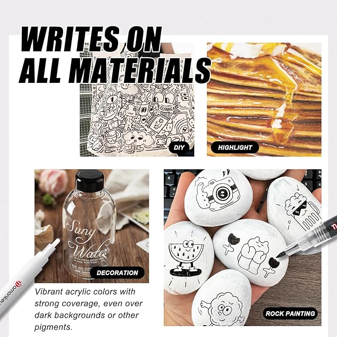 White, Silver & Gold Paint Marker Pens 6 Pack 1.2mm Fine Tip, Permanent Acrylic Ink for Rock, Wood, Metal, Glass, Ceramic, Plastic, Canvas, Pens for DIY Crafts, Art & Fine Detailing