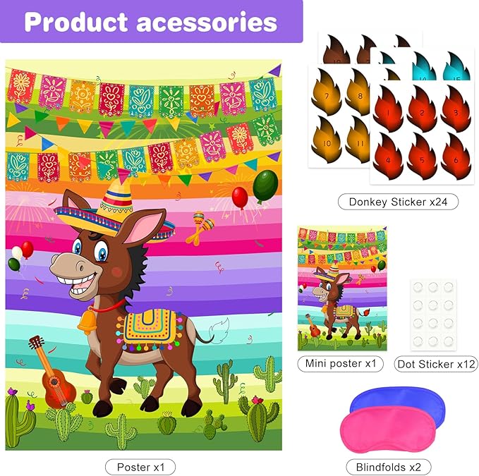 ASTARON Pin The Tail on The Donkey Mexican Donkey Game with 24pcs Tail Stickers for Cinco De Mayo Party, Mexican Party Fiesta Themed Party, Kids Birthday Supplies