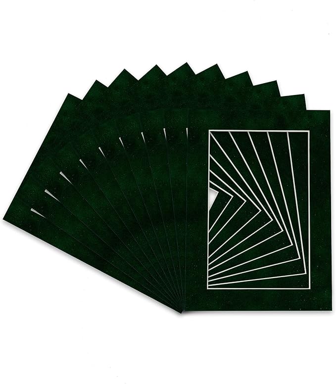 Pack of Ten Acid Free 11x14 Mats Bevel Cut for 8.5x11 Photos - Green Suede Precut Matboards With Backing Boards and Self Seal Photo Mat Bags For Pictures, Photos, Framing - 4-ply Thickness