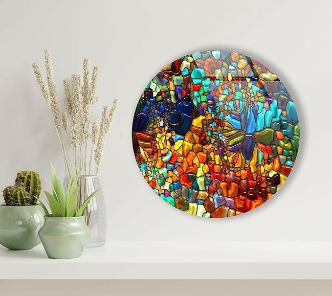 My Photostation.com 10''(25cm) Diameter Red Mosaic Round Glass Wall Art Tempered Glass Printing Wall Decor Large Wall Art Wall Hangings