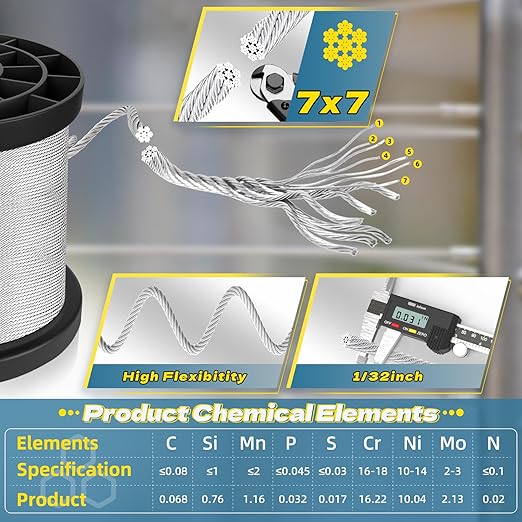 316 Stainless Steel Cable, 600FT 1/32IN Wire Rope with 150Pcs Aluminum Sleeves Stops, for String Lights Hanging, Clotheslines, Trellis Wire