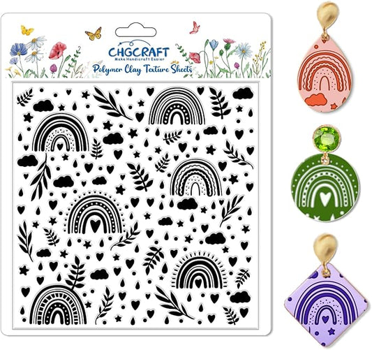 CHGCRAFT Rainbow Polymer Clay Texture Sheets Bohemian Plant Pattern Silicone Texture Stamp Clouds Love Clay Texture Mat Modeling Pattern Pad Sheets for Jewelry and Earrings Tools, 5.5x5.5 inch