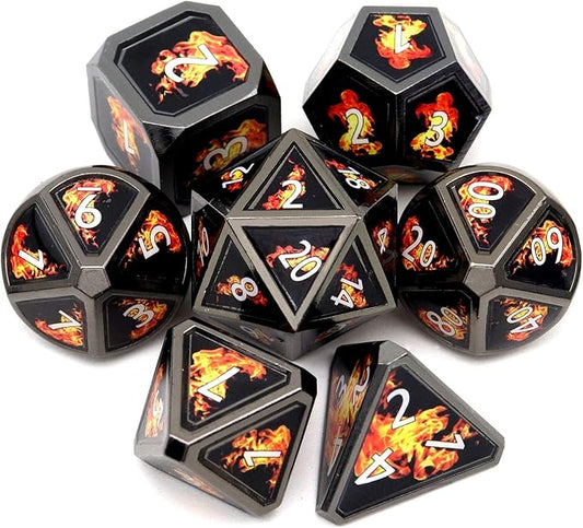 Haxtec Fire Bolt Real Scene Metal DND Dice Set Black Polyhedral Metal Dice for D&D Compatible with Dungeons and Dragons Gifts TTRPG Games-Dark Fire