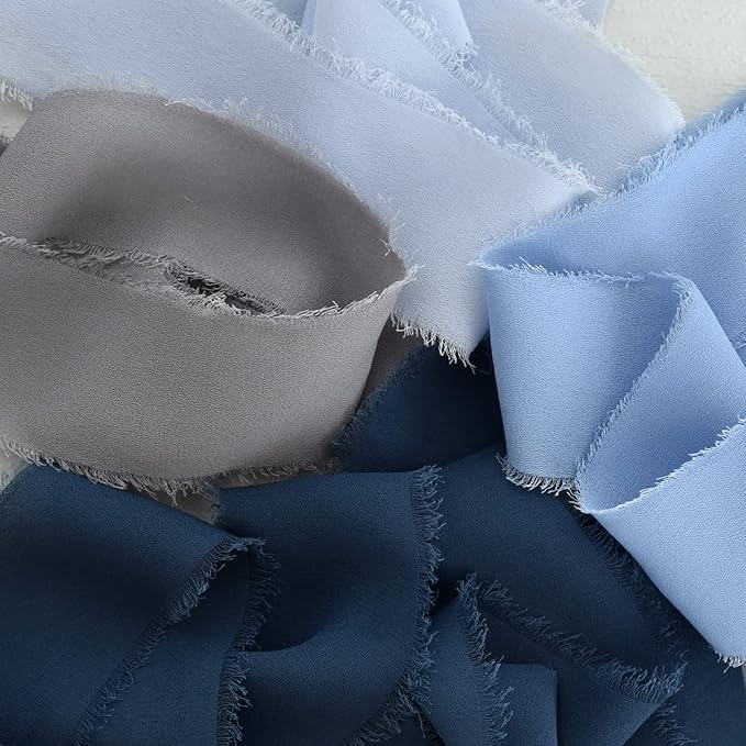 TONIFUL 4 Rolls Silk Chiffon Ribbon, 1-1/2 Inch x 22yds, Dusty Blue Chiffon Ribbons Set, Handmade Fringe Silk Ribbon for Gift Wrapping Bridal Bouquets Wedding Invitations Decoration Crafts