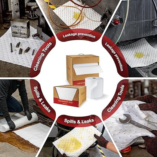 Oil Absorbent Pads Roll | 16"x20" Oil-Only Spill Mat 100-Pack | Industrial Spill Control for Oil & Fuel(24 Gal/Box) | Repels Water Absorbing Rolls