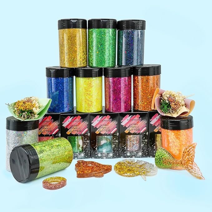 Estanoite Holographic Chunky Glitter, 160G/5.64OZ Glitter, Mixed Fine & Chunky Glitter for Epoxy Resin, Iridescent Glitter for Crafts Tumblers, Halloween Christmas Festival Painting Decor (Red)