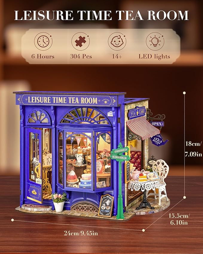 Rolife DIY Miniature House Kit Leisure Tea Time, 3D Book Nook Openable Bookshelf Decor for Adults, Mini Model House Kits, DIY Crafts Kit Halloween for Adults (Leisure Tea Time)