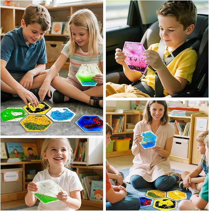 Squishy Liquid Sensory Tiles for Kids – Soft Colorful Hexagonal Tactile Play Pads for Squeezing, Visual Tracking, Desk, Calm Corner, Quiet Play or Travel (12-Pack, 5.2" x 3")