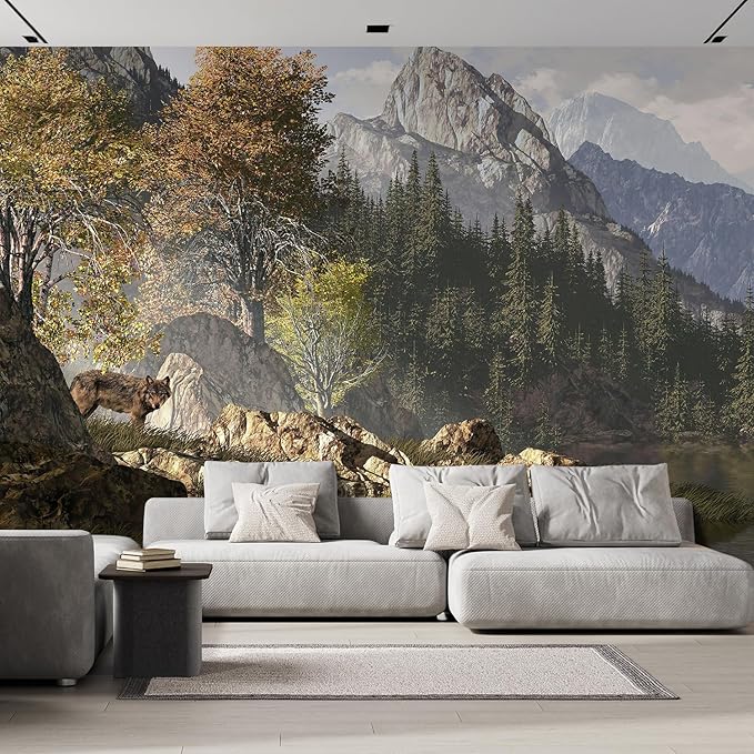 wall26 Wolf Near a Lake in a Rocky Mountain Landscape. Removable Wall Mural | Self-Adhesive Large Wallpaper - 132x120 inches