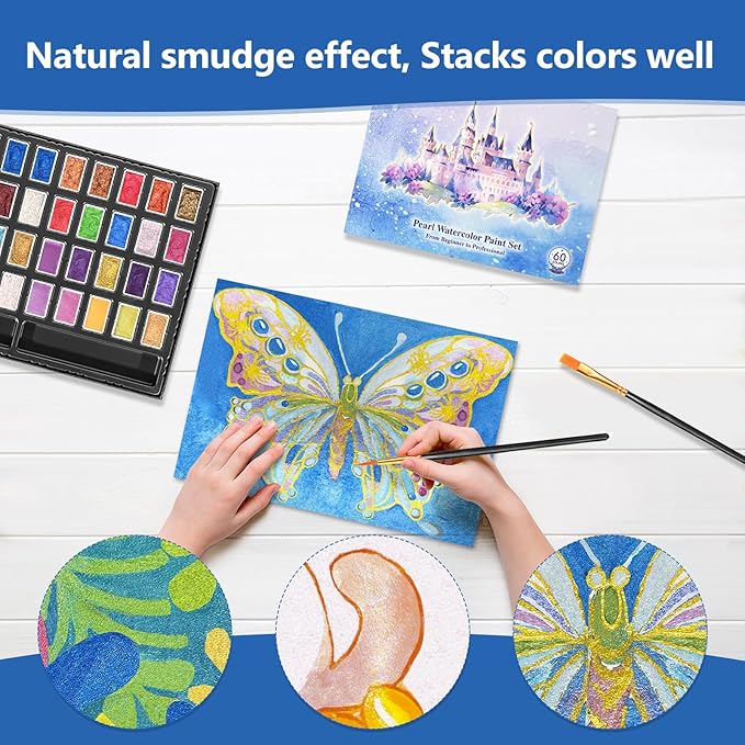 Mini Glitter Watercolor Paint Set with Paper, 36 Colors Shimmer Metallic Watercolour Painting Sets, Solid Pearl Water Color Paints for Adult, Kids, 1ml Trial Package(3ml 36 Colors)