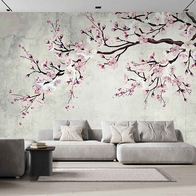 wall26 Wall Sticker/Wall Mural Watercolor Style Ink Painting Pink Cherry Blossom on Vintage, Not Peel and Stick, Non-Woven Wallpaper Decorative for Bedroom, Living Room, Office - 108x120 inches