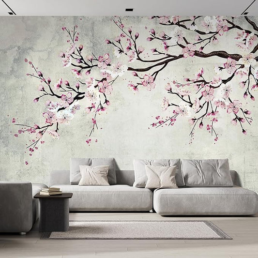 wall26 Wall Sticker/Wall Mural Watercolor Style Ink Painting Pink Cherry Blossom on Vintage, Not Peel and Stick, Non-Woven Wallpaper Decorative for Bedroom, Living Room, Office - 120x144 inches