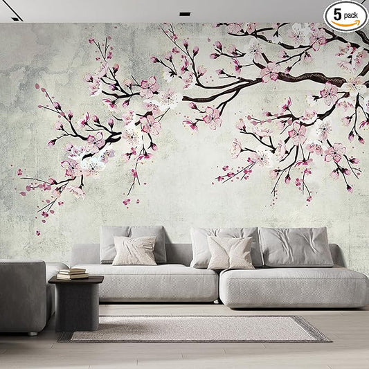 wall26 Wall Sticker/Wall Mural Watercolor Style Ink Painting Pink Cherry Blossom on Vintage, Not Peel and Stick, Non-Woven Wallpaper Decorative for Bedroom, Living Room, Office - 96x120 inches