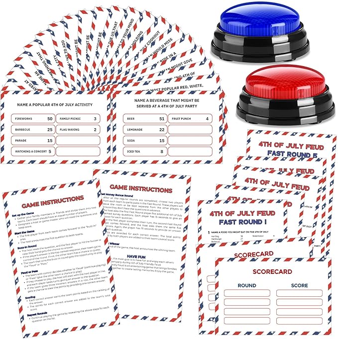 4th of July Friendly Feud Game with 2 Answer Buzzers, Independence Day Feud Cards for Family Game Night Fun Trivia Quiz for Party Office Class Groups Team Building (Red White Blue, Patriotic)