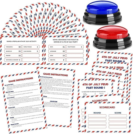 4th of July Friendly Feud Game with 2 Answer Buzzers, Independence Day Feud Cards for Family Game Night Fun Trivia Quiz for Party Office Class Groups Team Building (Red White Blue, Patriotic)