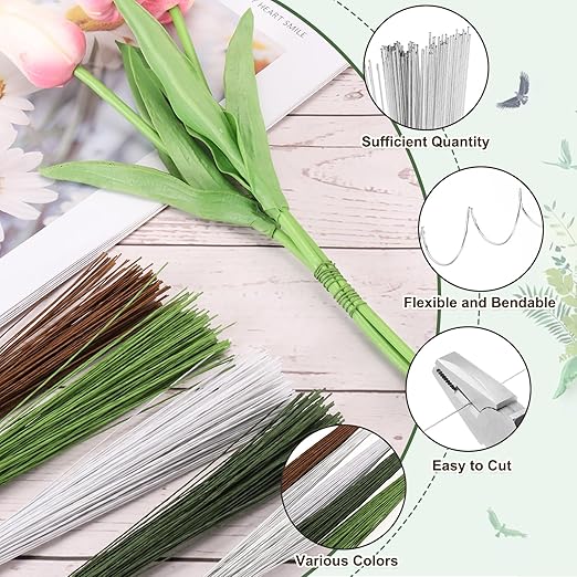 PATIKIL 32 Inch 22 Gauge Floral Stem Wire, 5 Pack/200 Pieces Bouquet Stem Paper Wrapped for DIY Crafts Flower Arrangements, Silver Tone