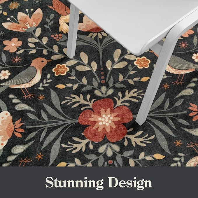 Morebes Washable 9x12 Area Rugs for Living Room, Large Bird Floral Dining Room Rug Non Slip, Ultra-Thin Boho Insect Distressed Soft Carpet for Kids Bedroom Office Decor, Black/Muliti