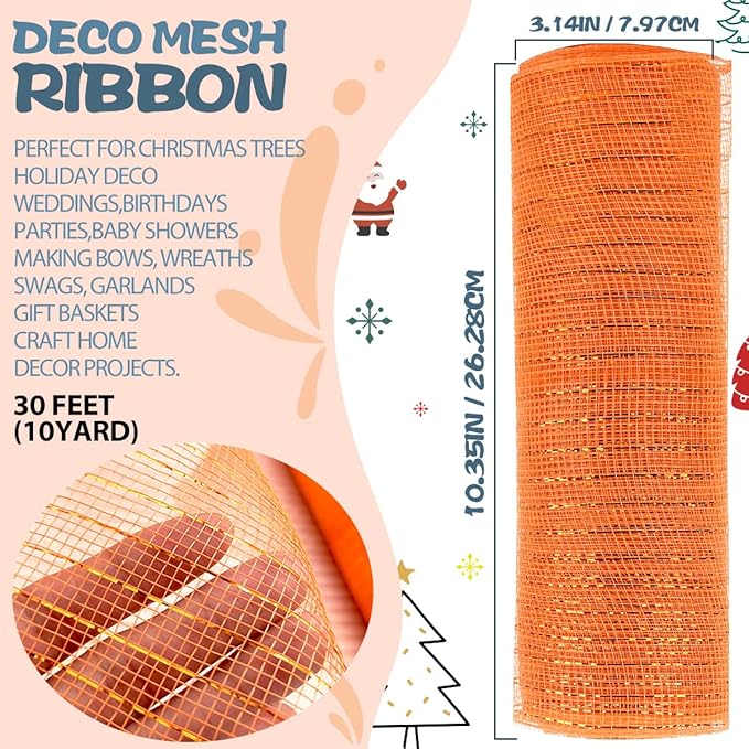 Anivia Deco Mesh Ribbon, 10inch x 30 Feet Each Roll Metallic Foil Mesh Ribbon for Wreaths Swags, Holloween, and Christmas Tree Decoration (Orange/Orange Foil)