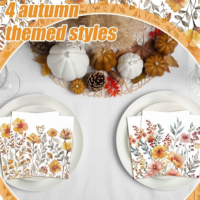 Fulmoon 200 Pieces Fall Floral Cocktail Napkins Disposable Thanksgiving Day Flower Decoupage Paper Napkins Vintage Wildflower Beverage Towel for Autumn Fall Party Favor Supplies