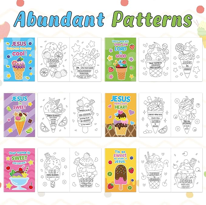 JAPBOR Ice Cream Coloring Books - 24PCS Mini Summer Religious Color Book Bulk for Kids Party Favors, Christian Jesus Small Colour Pages for Sunday School Class Drawing Painting Games Goodie Bag Filler