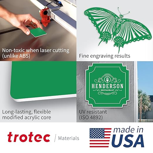 Trotec TroLase | 12"x20"x1/16", 4 Pcs | Bright Green/White | 2 Ply | Modified Acrylic | Laser Engraving Double Color Plastic Sheet | Engraving Blanks for Laser, Saw, Guillotine | Made in USA