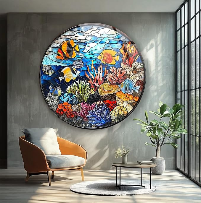 My Photostation.com 15.8''(40cm) Diameter Coral Reef Mosaic Round Glass Wall Art Tempered Glass Printing Wall Decor Large Wall Art Wall Hangings