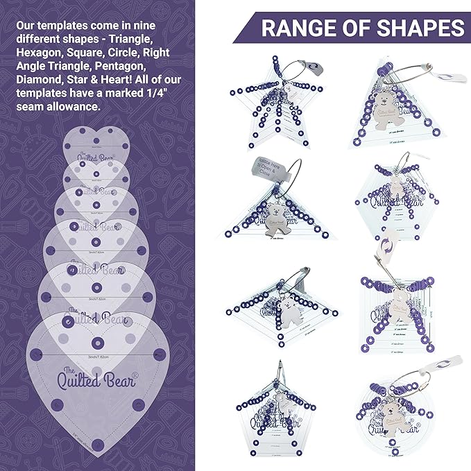The Quilted Bear Right Angle Triangle Quilting Templates – 8 Clear Non-Slip Acrylic Quilt Templates for Precise Fabric Cutting & Stress-Free Machine Quilting - for Quilt & Sewing Supplies (¾–3")