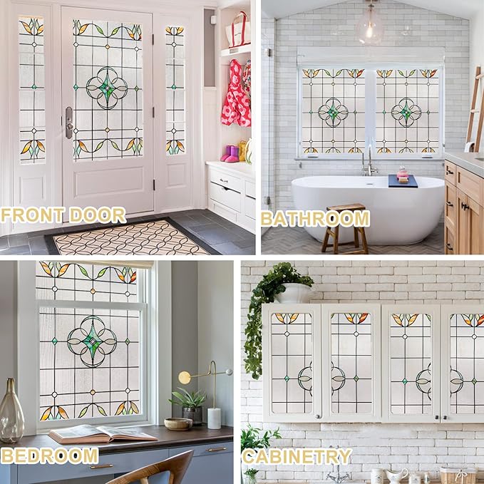 3D Stained Glass Window Privacy Film, Heat Control UV Blocking Static Cling Decorative Window Film for Bathroom,Front Door,Home Non Adhesive,16.9 x 78.7 inches Verdant Whispers