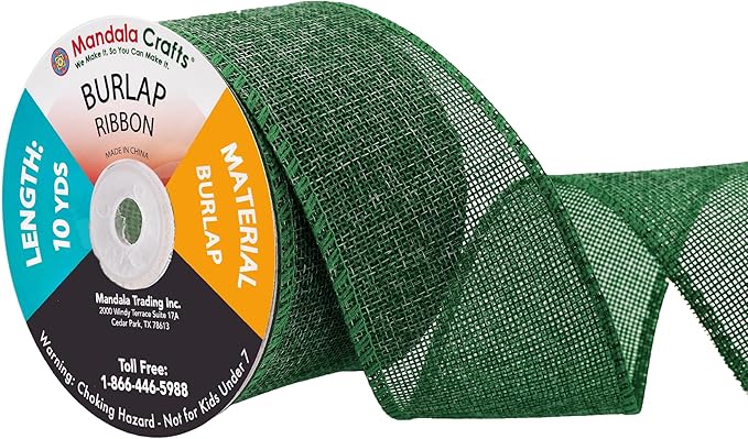 Mandala Crafts Green Burlap Ribbon 2.5 Inches Wide Jute Ribbons for Crafts - 20 Yds Roll Rustic Burlap Wrap Trim Ribbons for Wreaths Bows Wedding Party Decoration