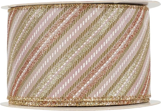 MEEDEE Pink Diagonal Striped Ribbon 2.5 Inch Blue Satin with Rose Gold and Champagne Glitter Wired Ribbon for Christmas Tree, Garlands, Wreaths, Topper Bow (10 Yards)