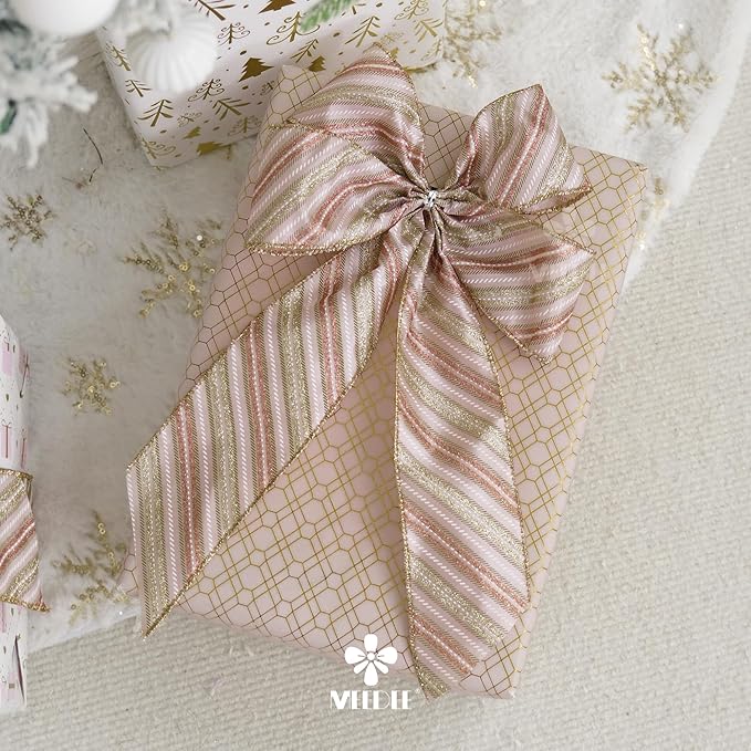 MEEDEE Pink Diagonal Striped Ribbon 2.5 Inch Blue Satin with Rose Gold and Champagne Glitter Wired Ribbon for Christmas Tree, Garlands, Wreaths, Topper Bow (10 Yards)