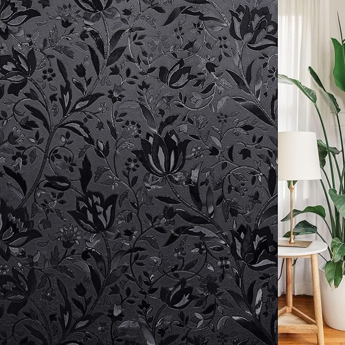 LEMON CLOUD Total Blackout Window Film Privacy Static Cling Frosted Black Window Covering 100% Opaque Film Tint Darkening Removable Film for High Privacy，(Blackout Tulip Design,23.6 x78.7 inches)
