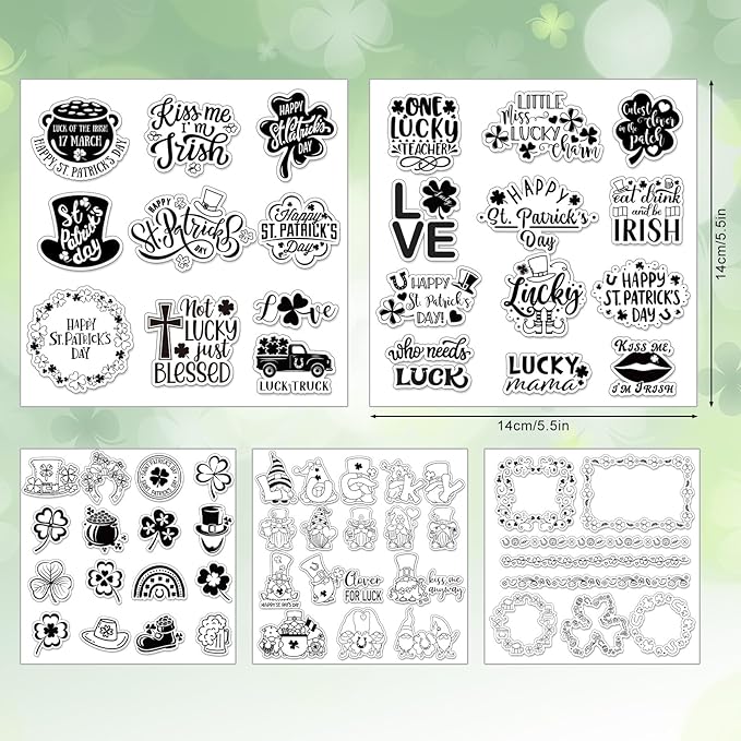 Whaline 5 Sheet St. Patrick's Day Clear Stamps Wreath Shamrock Lucky Words Silicone Transparent Stamps Border Stamp Cards for Irish DIY Crafts Card Making Scrapbooking Embossing Album Decor