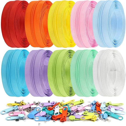 DOITEM 31 Yards 10 Pieces Sewing Zippers #3 Nylon Coil Zippers Assorted Zipper for Sewing with 40 Zipper Sliders for Tailor Sewing Crafts Supplies, 10 Color