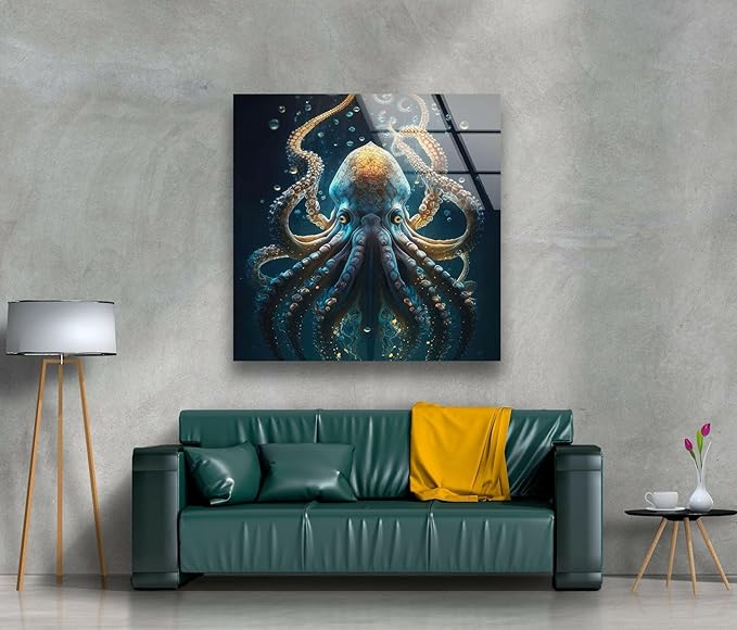 My Photostation.com 24Wx30H'' Underwater Blue Octopus Glass Wall Art Tempered Glass Printing Wall Decor Large Wall Art Wall Hangings