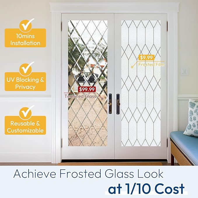 rabbitgoo Window Privacy Film for Glass Windows, Frosted Glass Cling with Decorative Moroccan Lattice, Removable Heat Control Sun Blocking Door Covering Sticker for Home Bathroom, 17.5 x 157.4 inches