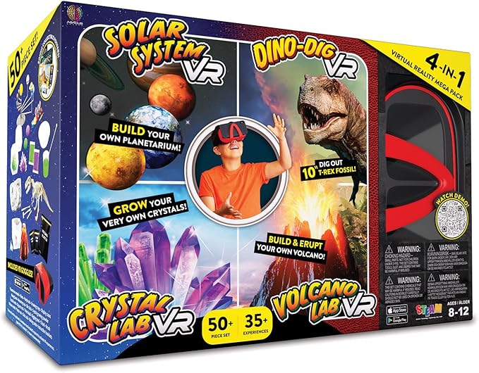 Abacus Brands Virtual Reality 4 in 1 Deluxe VR Lab - Illustrated Interactive VR Book and STEM Learning Activity Set (Solar System, Dino-Dig, Crystal and Volcano) - for Ages 8 and Up