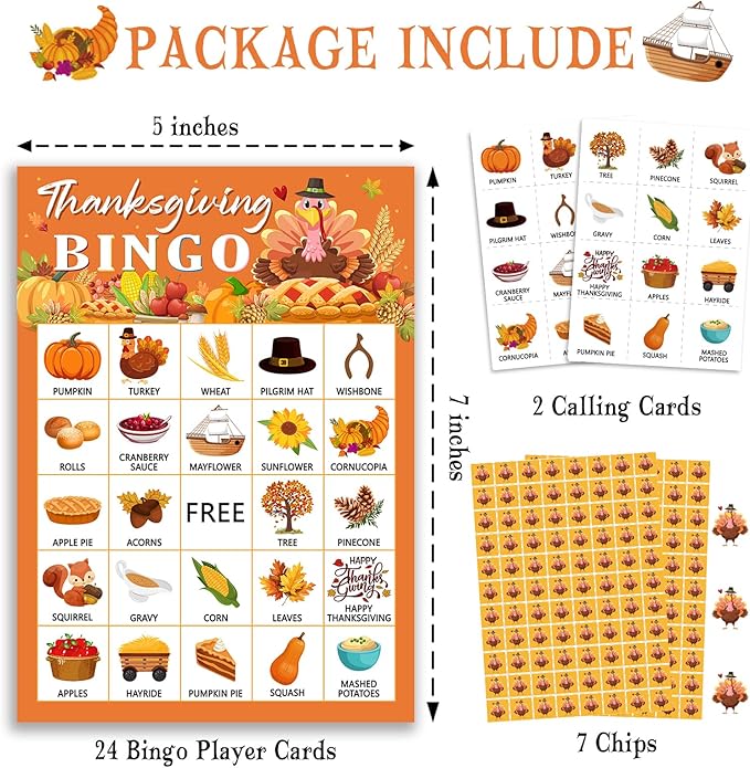 Thanksgiving Bingo Game Cards, Autumn Party Games, 24 Players Thanksgiving Bingo Games for Teens Adults, Thanksgivings Game Supplies for Family Classroom