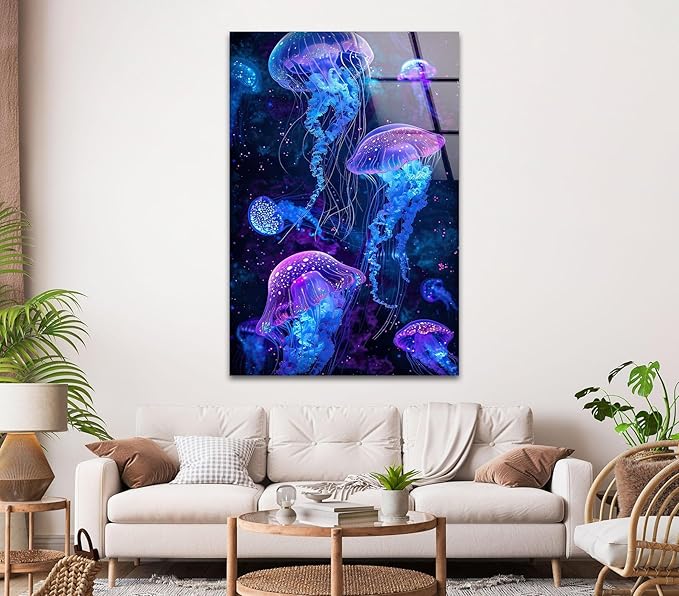 My Photostation.com 18Wx28H'' Glowing Jellyfish Glass Wall Art Tempered Glass Printing Wall Decor Large Wall Art Wall Hangings