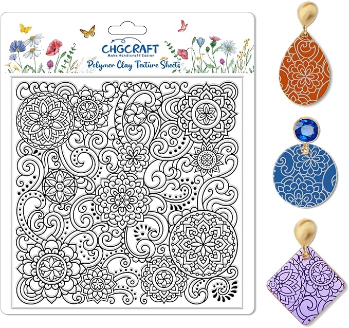 CHGCRAFT Mandala Polymer Clay Texture Sheets Scroll Pattern Silicone Texture Stamp Clay Texture Mat Modeling Pattern Pad Sheets for Jewelry and Earrings Tools, 5.5x5.5 inch
