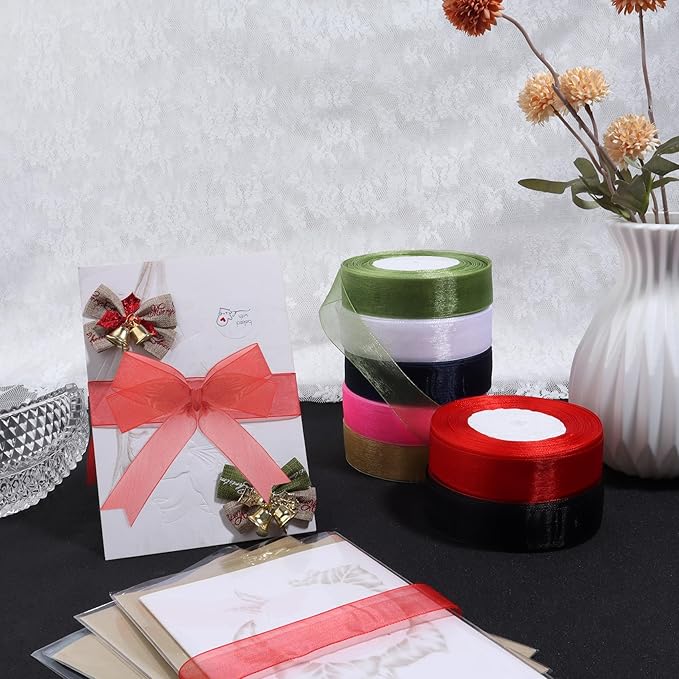 Bule Ribbon for Gift Wrapping, 1 inch 50Yard Sheer Organza Tulle Ribbon for Flower Bouquet, Navy Blue Gifts Wrap Chiffon Ribbons for Fathers Day, Wedding, Crafts, Birthday Party Decorations