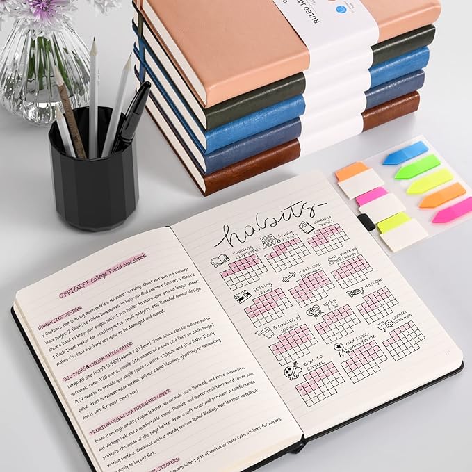 Lined Journal Notebook, Large A5 College Ruled Notebook, 312 Numbered Pages Work Notebook with Index Stickers, 100gsm Thick Paper, Hardcover Vegan Leather Journal for Women Men School Office, Green
