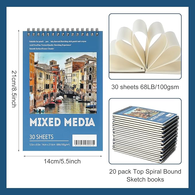 Jexine 20 Pcs 5.5'' x 8.5'' Top Spiral Bound Sketch Pad 30 Sheet Each(68lb/100gsm), Sketching Drawing Pad Artist Sketch Pad Kids Drawing Paper Art Sketchbook for Charcoal Graphite Painting