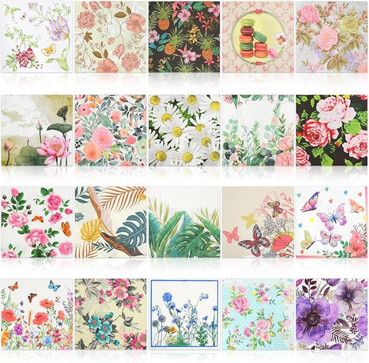 Floral Decoupage Paper Napkins, 20 Pack 20 Styles Assorted Decorative Cocktail napkins for DIY rafting Birthday Party Wedding Baby Shower Each Unfolded 13 Inch