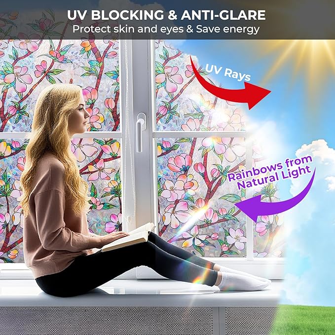 Window Privacy Film Rainbow Film Stained Glass 3D Static Cling Decorative Window Sticker for Bathroom,Front Door,Home Heat Control UV Blocking Non Adhesive,Peach Blossom 17.5 x 78.7 inches