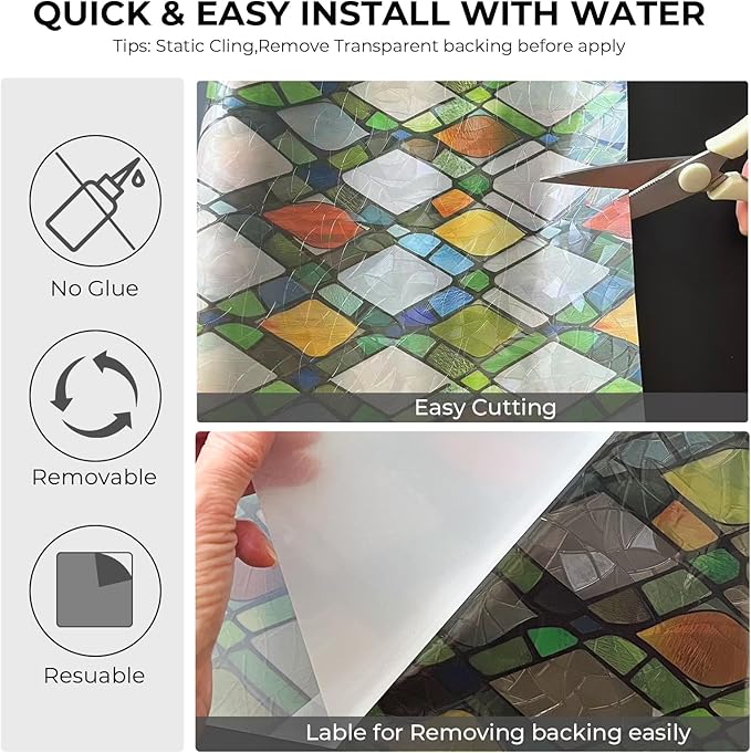Window Privacy Film Rainbow Film Stained Glass 3D Static Cling Decorative Window Sticker for Bathroom,Front Door,Home Heat Control UV Blocking Non Adhesive,Diamond Grid 35.4 x 78.7inches