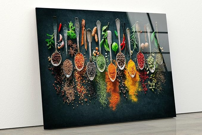 My Photostation.com 30Wx24H'' Spoon Spices Glass Wall ArtTempered Glass Printing Wall Decor Large Wall Art Wall Hangings