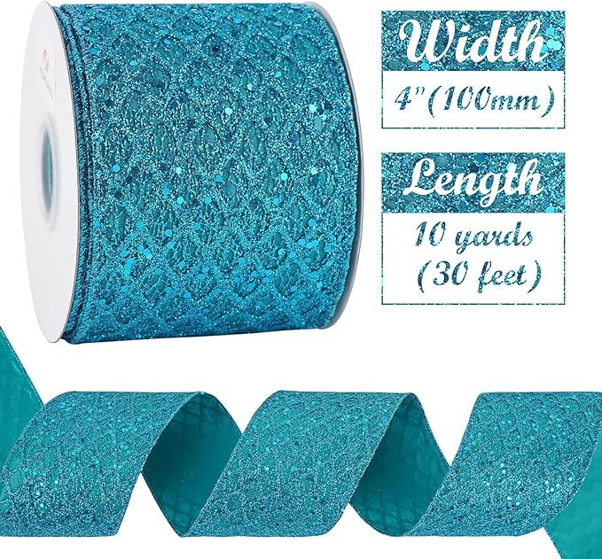 HUIHUANG Turquoise Glitter Wired Ribbon 4 inch Teal Christmas Tree Ribbon Diamond Mesh Wire Ribbon for Tree Decorations, Wreaths, Garland, Large Bows Making, Home Decor -10 Yards