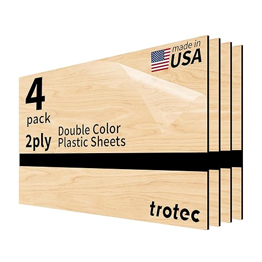 Trotec TroLase | 12"x24"x1/16", 4 Pcs | Maple/Black | 2 Ply | Modified Acrylic | Laser Engraving Double Color Plastic Sheet | Engraving Blanks for Laser, Saw, Guillotine | Made in USA